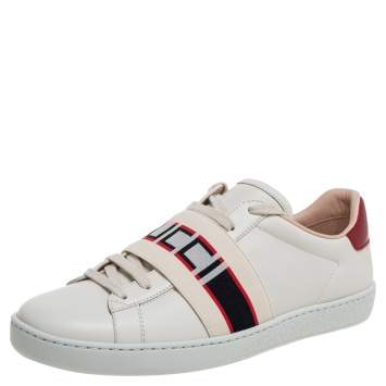 Pre Owned Gucci White/Red Leather Ace Gucci Band Low Top Sneakers Size 37