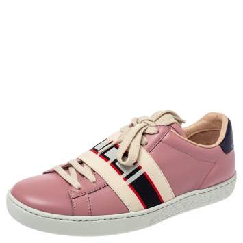 Pre Owned Gucci Pink Leather Ace Gucci Stripe Low Top Sneakers Size 36