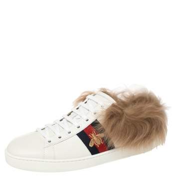 Pre Owned Gucci White Leather and Fur Ace Embroidered Bee Low Top Sneakers Size 37