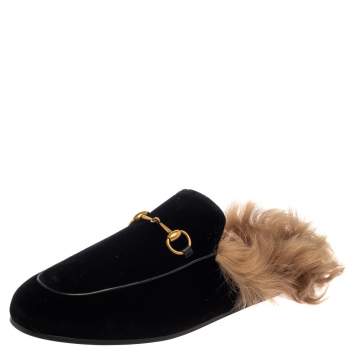 Pre Owned Gucci Black Velvet And Fur Princetown Horsebit Flat Mules Size 40