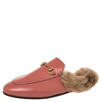 Pre Owned Gucci Pink Leather And Fur Princetown Horsebit Flat Mules Size 39
