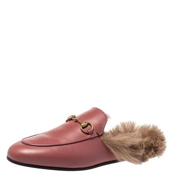 Pre Owned Gucci Pink Leather And Fur Princetown Horsebit Mules Size 38.5