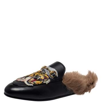 Pre Owned  Gucci Black Tiger Embroidered Leather And Fur Princetown Horsebit Mules Size 39