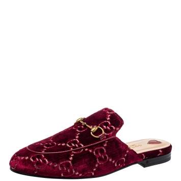 Pre Owned Gucci Red GG Velvet And Leather Princetown Mules Size 39