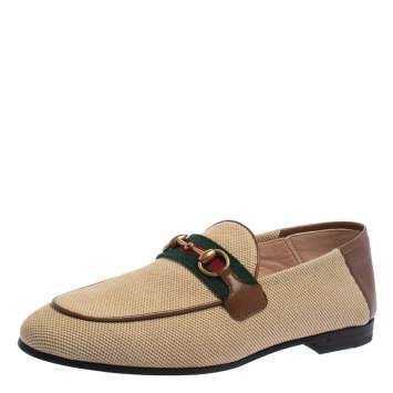 Pre Owned Gucci Beige/Brown Canvas and Leather Horsebit Brixton Loafers Size 37