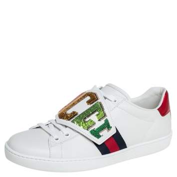 Pre Owned Gucci White Leather Sequin Embellished Ace Web Detail Low Top Sneakers Size 37.5