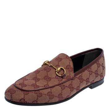 Pre Owned Gucci Burgundy GG Canvas Jordaan Horsebit Slip On Loafers Size 37 