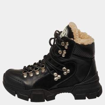 Pre Owned Gucci Black Leather Flashtrek Ankle Boots Size 35