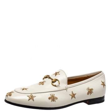 Pre Owned Gucci White Bee & Star Embroidered Leather Jordaan Loafers Size 38.5
