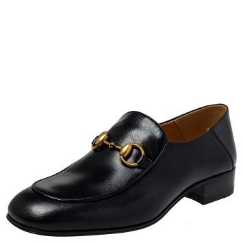 Pre Owned Gucci Black Leather Horsebit Quentin Slip On Loafers Size 38.5
