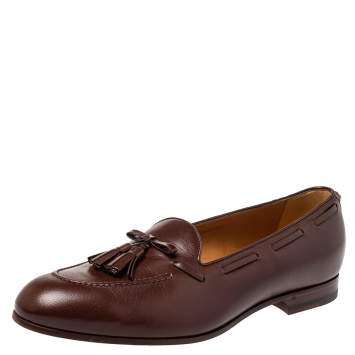 Pre Owned Gucci Brown Leather Tassel Loafers Size 45