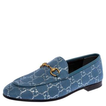 Pre Owned Gucci Blue/Silver Lame Fabric Horsebit Jordaan Slip On Loafers Size 37