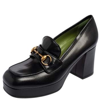 Pre Owned Gucci Black Leather Horsebit Platform Loafer Pumps Size 39