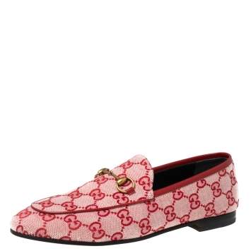 Pre Owned Gucci Red/Pink GG Canvas Horsebit Slip-on Loafers Size 39