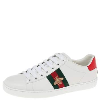 Pre Owned Gucci White Leather Ace Bee Embroidered Low Top Sneakers Size 36.5