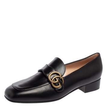 Pre Owned Gucci Black Leather GG Marmont Loafers Size 38.5