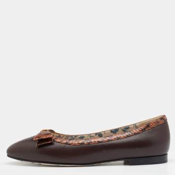 Pre Owned Gucci Brown Leather And Python GG Logo Bow Ballet Flats Size 39