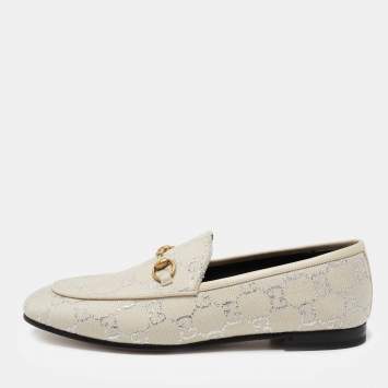 Pre Owned Gucci Off White/Silver GG Woven Lamé And Fabric Jordaan Horsebit Slip On Loafers Size 40 