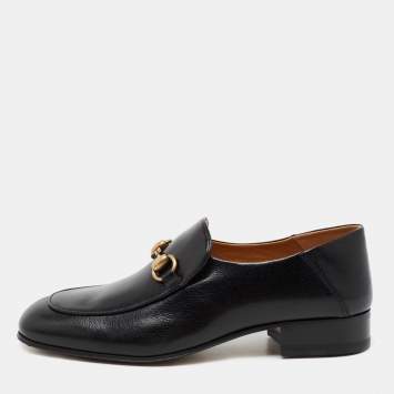 Pre Owned Gucci Black Leather Horsebit Foldable Slim Loafers Size 38