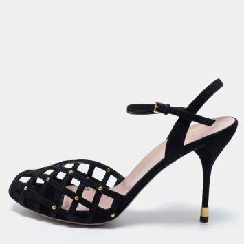مملوكة مسبقًا Gucci Black Suede Studded Caged Peep Toe Ankle Strap Sandals Size 38