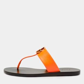 Pre Owned Gucci Neon Orange Leather GG Marmont Thong Flat Slides Size 34.5