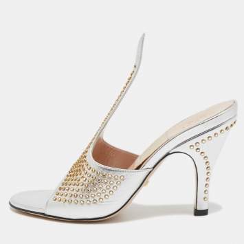 Pre Owned Gucci Silver Leather Studded Cone Slide Sandals Size 36.5 