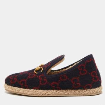 Pre Owned Gucci Navy Blue/Red GG Felt Horsebit Fria Espadrille Flats Size 37.5