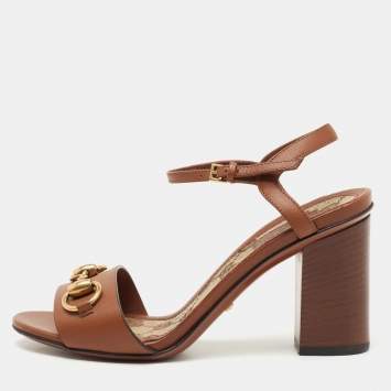 Pre Owned Gucci Brown Leather Horsebit Ankle Strap Sandals Size 34