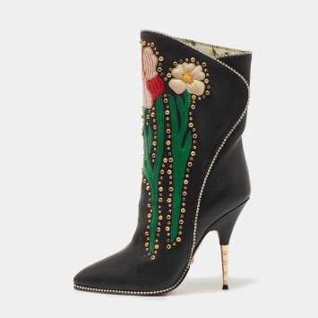 Pre Owned Gucci Black Crystal Embellished Fosco Ankle Boots Size 37.5