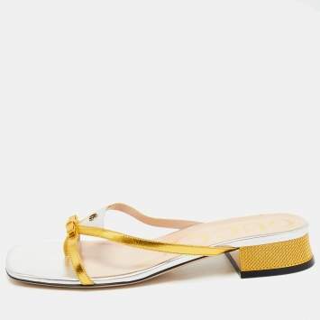 Pre Owned Gucci Metallic Gold/Silver Leather Alison Bow Slide Flats Size 38.5