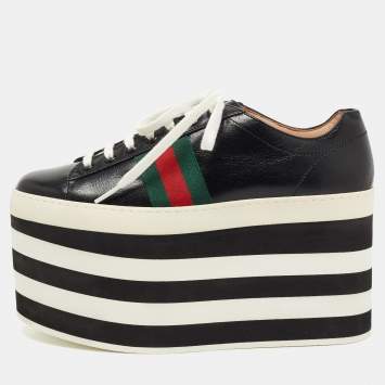 Pre Owned Gucci Black Leather Peggy Platform Sneakers Size 38.5