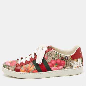 Pre Owned Gucci Multicolor Canvas and Leather Flower Print  Ace  Low Top Sneakers Size 39