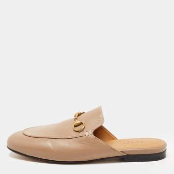 Pre Owned Gucci Brown Leather Princetown  Mules Size 37.5 