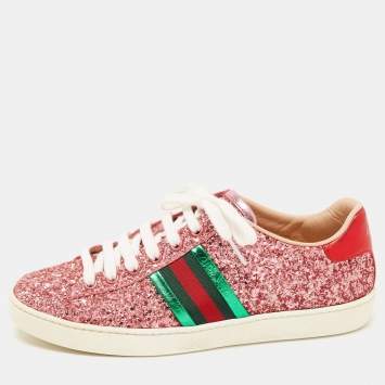 Pre Owned Gucci Pink Glitter Ace Low Top Sneakers Size 37
