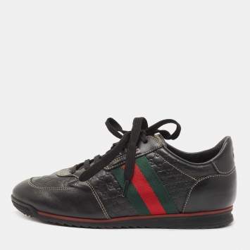 Pre Owned Gucci Black Guccissima Leather Web Low Top Sneakers Size 38