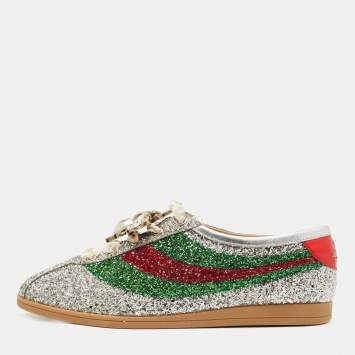 Pre Owned Gucci Silver Glitter Falacer Web Pearl Embellished Bee Low Top Sneakers Size 40.5