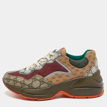 Pre Owned Gucci Multicolor Canvas and Leather Rhyton Sneakers Size 38.5
