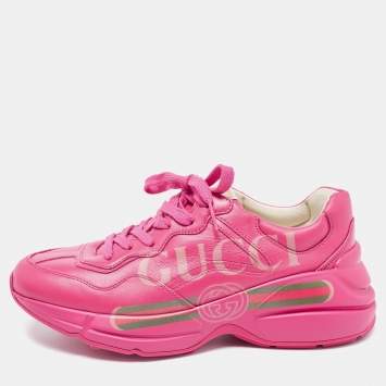 Pre Owned Gucci Pink Leather Rhyton Low Top Sneakers Size 37