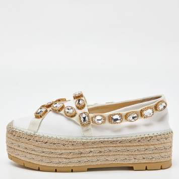 Pre Owned Gucci White Canvas Crystal Embellished Platform Espadrille Flats Size 38