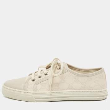 Pre Owned Gucci Cream/Grey GG Canvas and Leather Low Top Sneakers Size 37