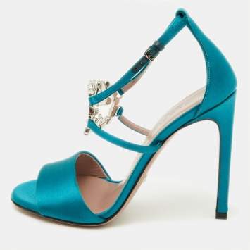 Pre Owned Gucci Teal Satin Crystal Embellished Interlocking G Ankle Strap Sandals Size 36