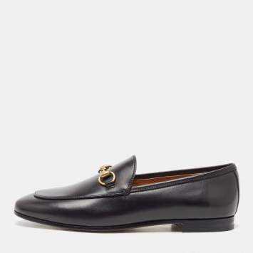 Pre Owned Gucci Black Leather Jordaan Horsebit Slip On Loafers Size 37