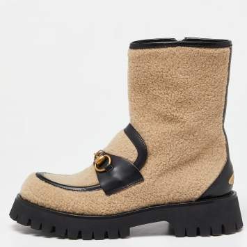 Pre Owned Gucci Beige/Black Wool and Leather Bee Embroidered Horsebit Ankle Boots Size 39