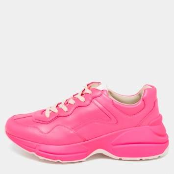 Pre Owned Gucci Neon Pink Leather Rhyton Sneakers Size 39
