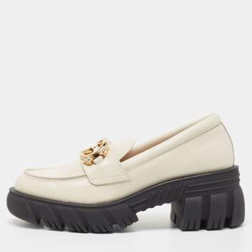 Pre Owned Gucci Cream Leather Interlocking GG Platform Loafers Size 39