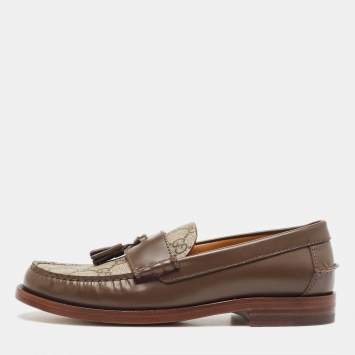 Pre Owned Gucci Beige/Brown GG Supreme Canvas and Leather Tassel Loafers Size 38