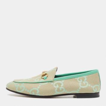 Pre Owned Gucci Green/Beige Jumbo GG Canvas Jordaan Loafers Size 38
