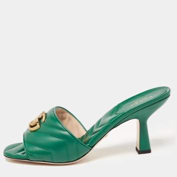 Pre Owned Gucci Green Matelassé Leather Double G Slide Sandals Size 39