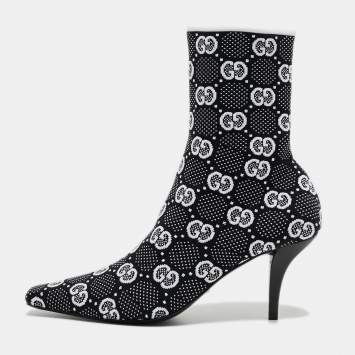 Pre Owned Gucci Black/White GG Knit Fabric Sock Ankle Boots Size 39