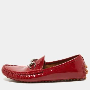Pre Owned Gucci Red Patent Leather Horsebit Slip On Loafers Size 38 
